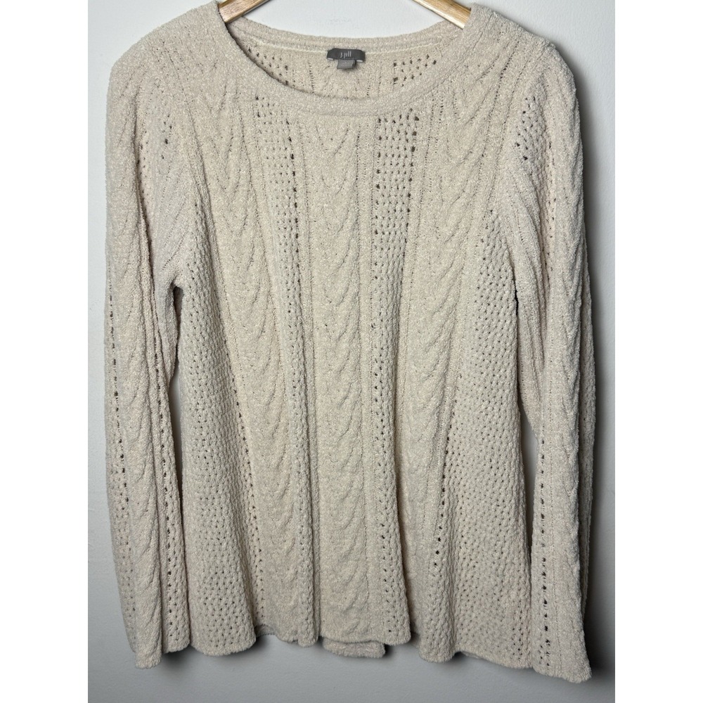 JJill Womens L Petite Cream Cable Knit Sweater Long Sleeve Chenille Boucle Style